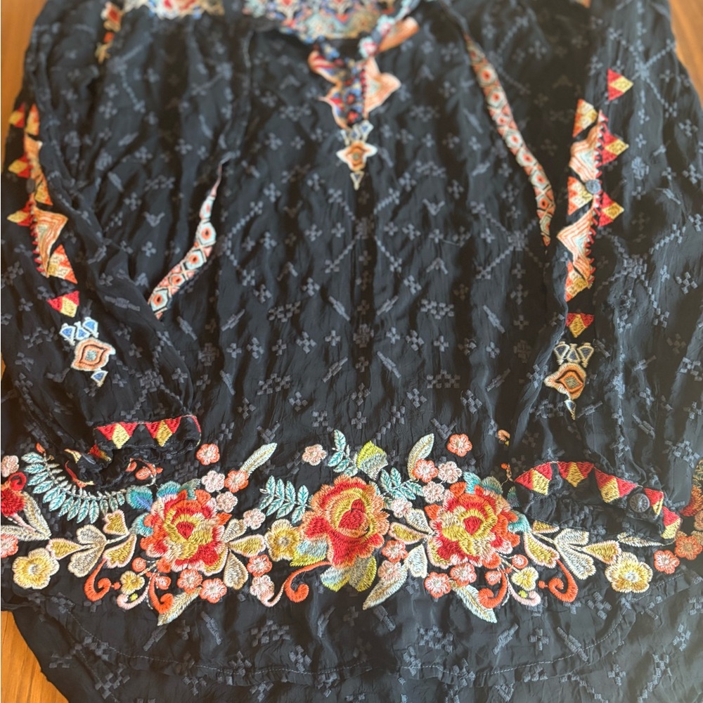 Johnny Was Black Blouse with Colorful Embroidery
